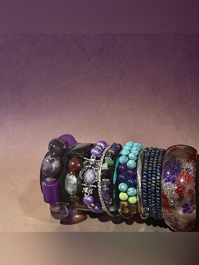 Boho Beaded Bracelet Stack Lot Purple Amethyst Turquoise Statement Cuff Set